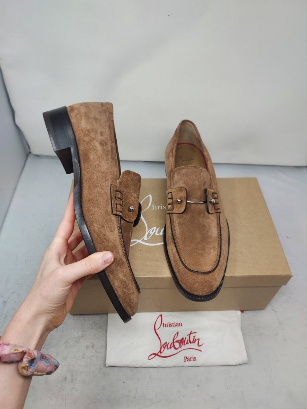 CHRISTIAN LOUBOUTIN MENS Chambelimoc Hardware Brown Suede Loafer